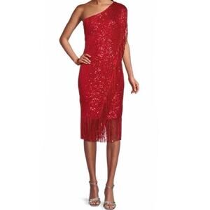 NWT Reba Red Winter Glitz Sequin Fringe Showgirl One Shoulder Dress Size 6